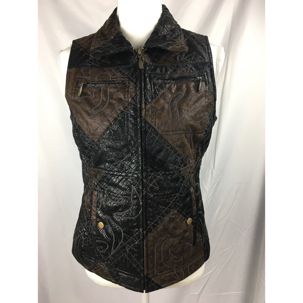 Chico's Women Size 0 SMALL Brown‎ Flocked Vest Full Zip Pockets